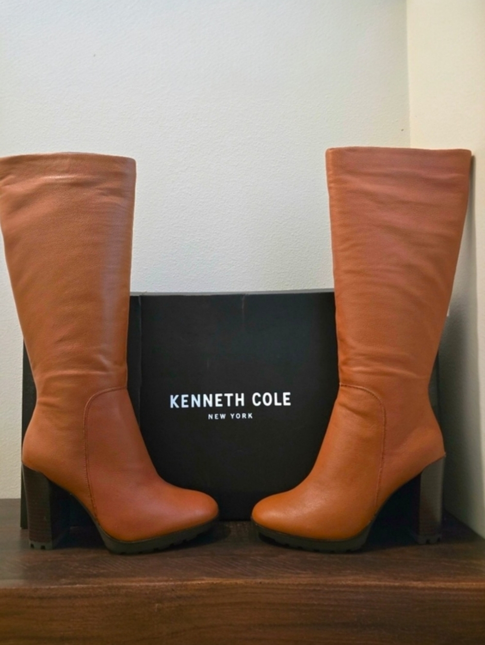 Kenneth Cole‎ New York Justin 2.0 Cognac Knee High Leather Lug Boots Size 8.5